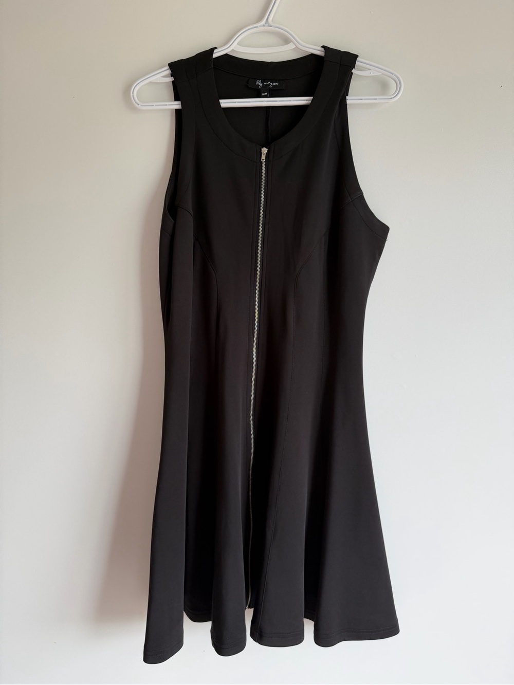 Lily Morgan Black Fit & Flare Zip Front Dress | Minimalist Chic Midi Dress | Med
